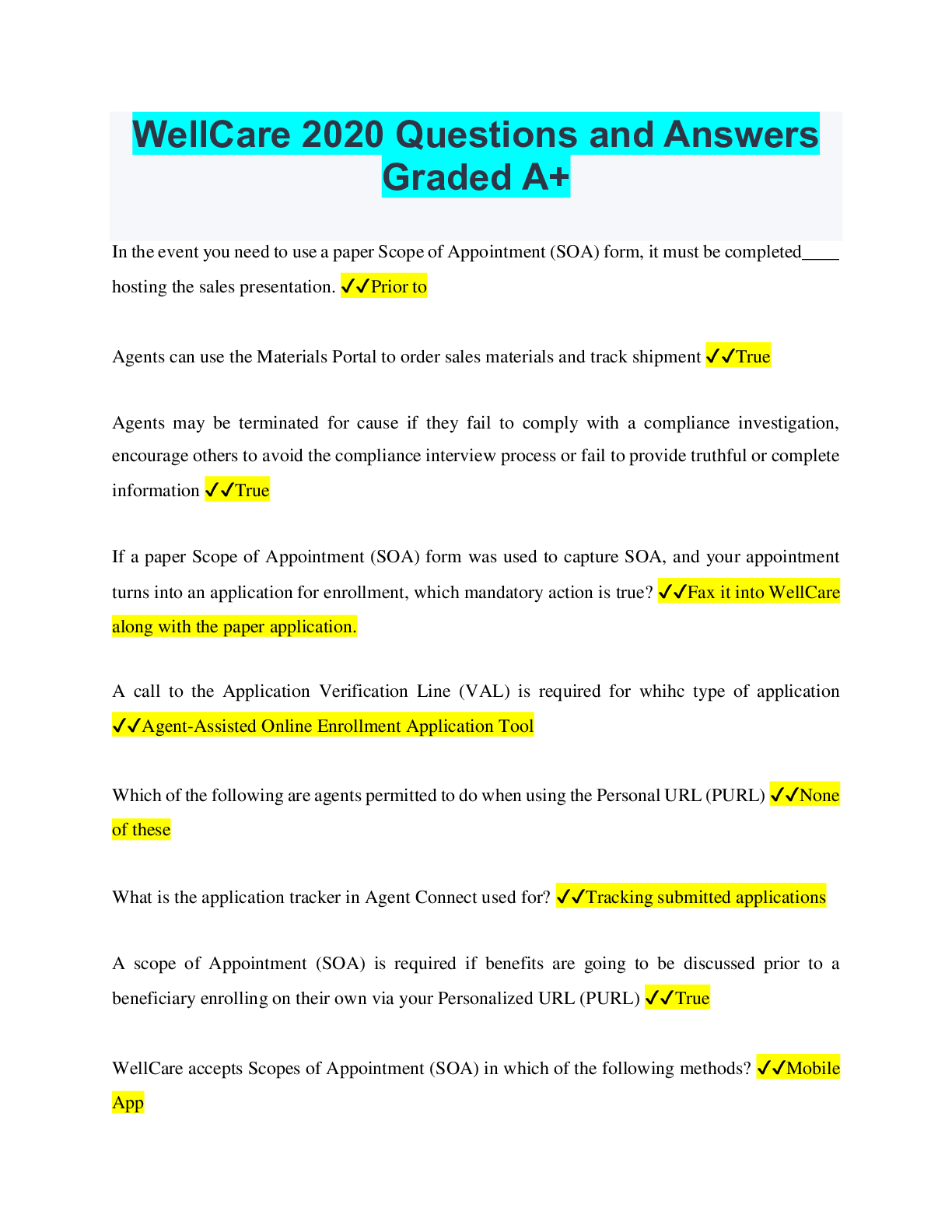 Preview image for WellCare 2020 Questions and Answers Graded A+